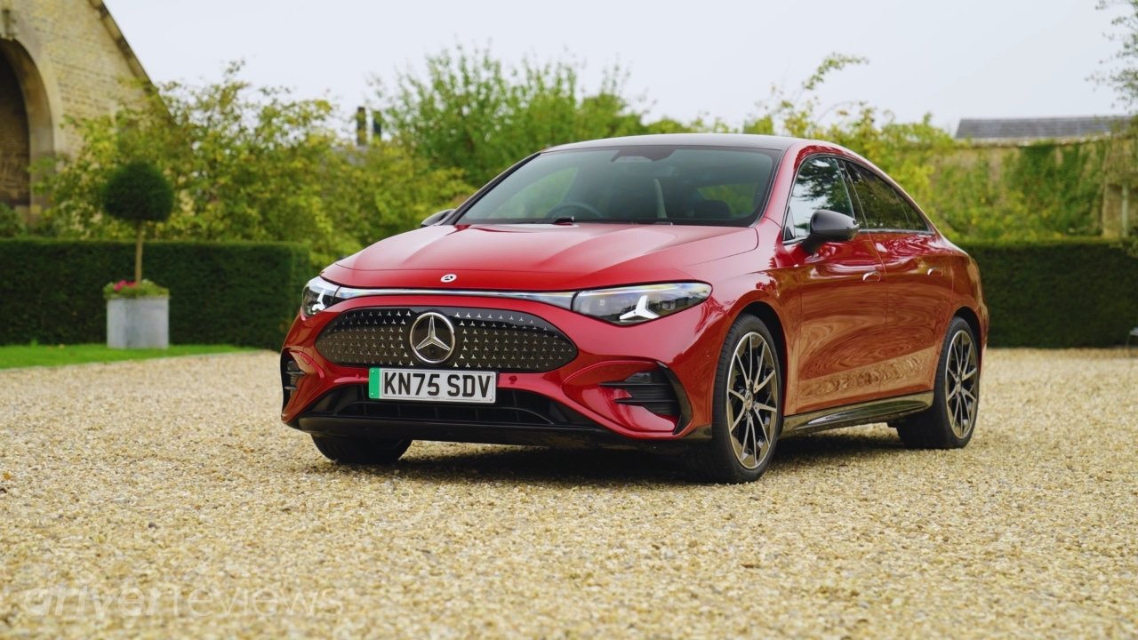 Red Mercedes-Benz CLA 250+ Electric in front three-quarter view