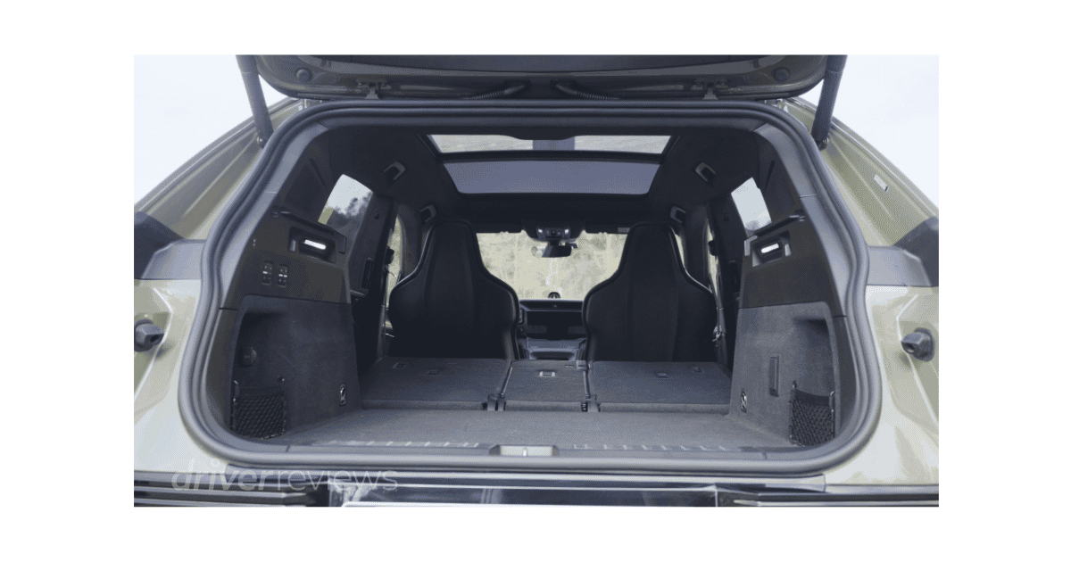 Porsche Cayenne Turbo Electric boot open showing 747-litre load area with rear seats folded