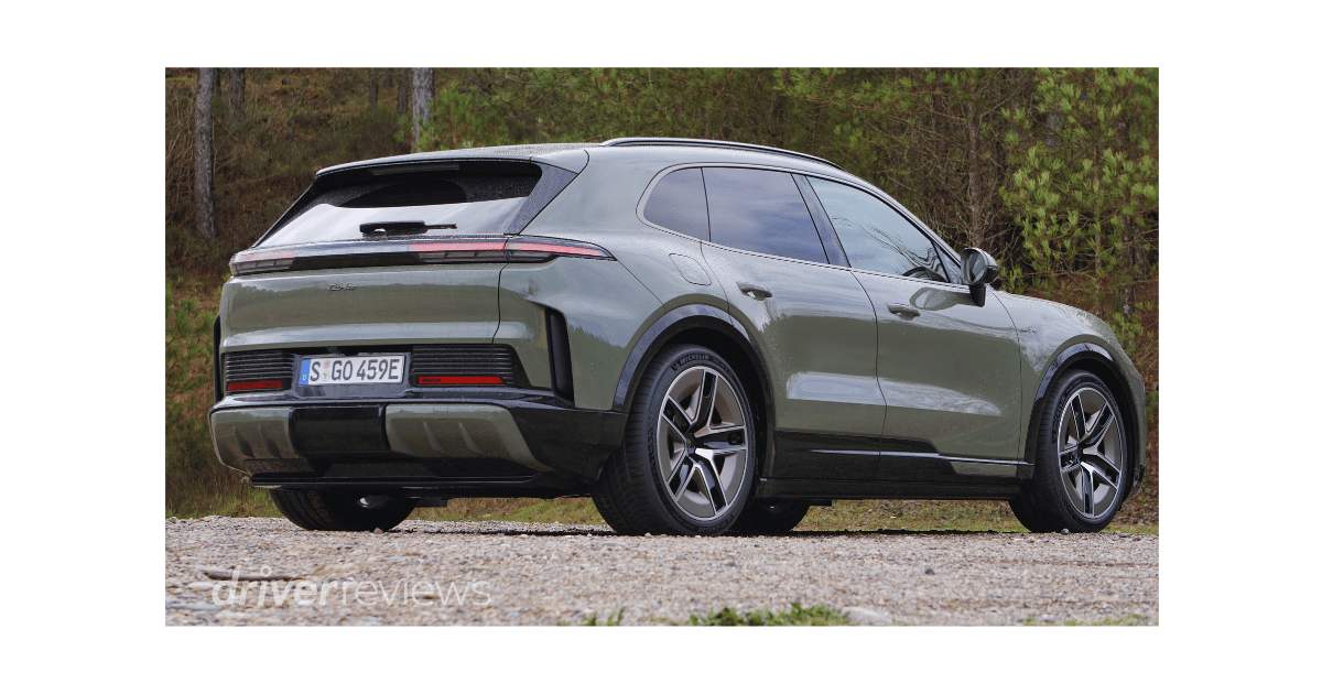 Porsche Cayenne Turbo Electric rear three-quarter view showing aeroblades and full-width rear light strip