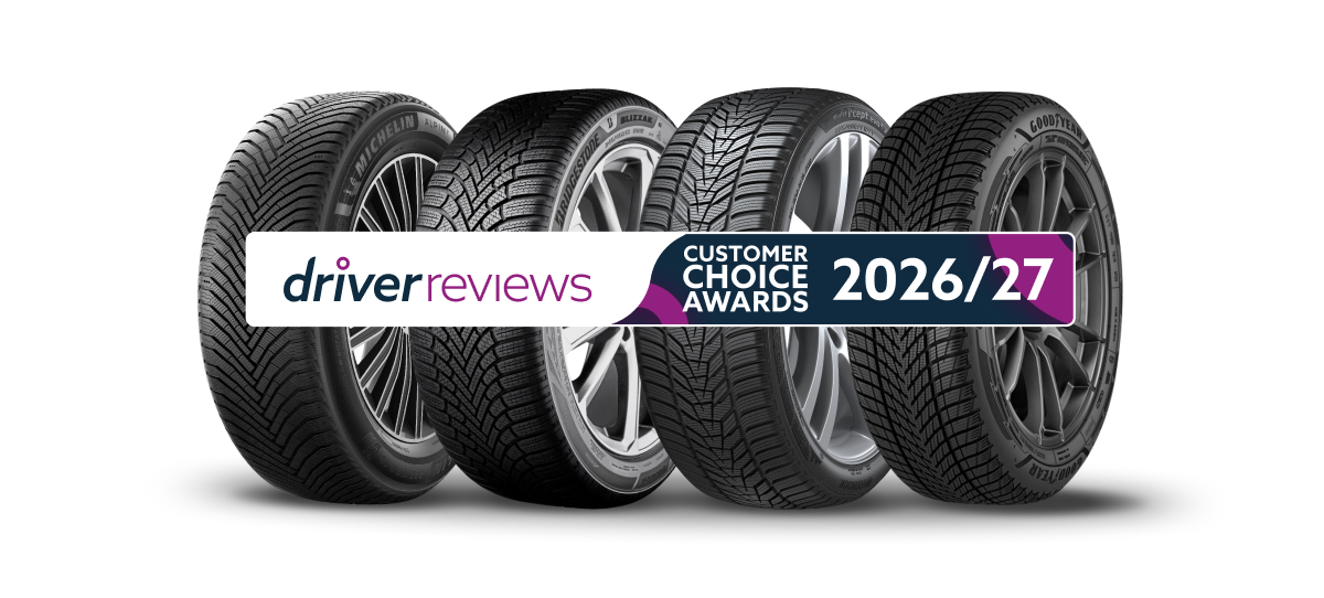 Four winter tyres from Michelin, Bridgestone, Hankook and Goodyear with the DriverReviews Customer Choice Awards 2026/27 logo