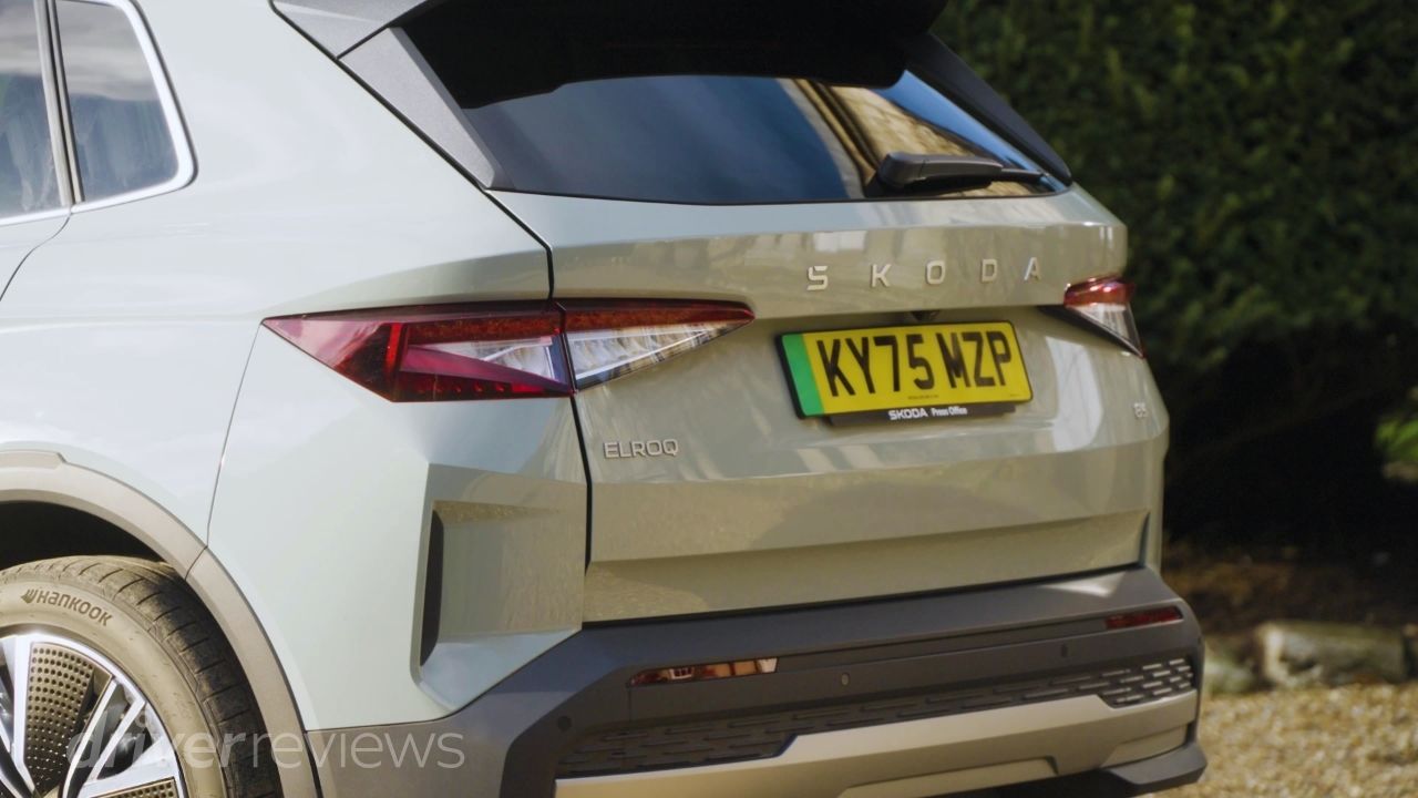Skoda Elroq rear detail showing Elroq badge and Hankook tyre in DriverReviews test