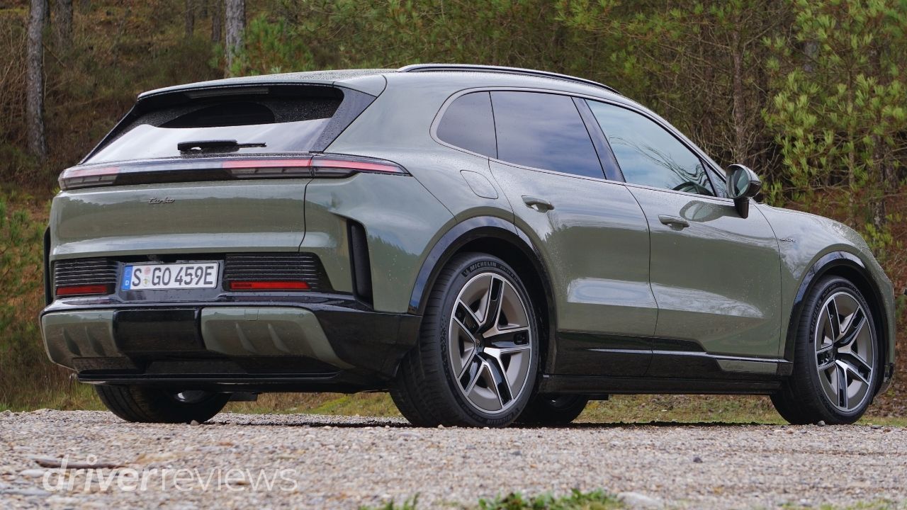 Porsche Cayenne Turbo Electric rear three-quarter view showing aeroblades and full-width rear light strip