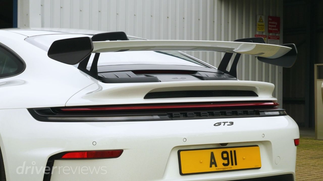 Porsche 911 GT3 992.2 fixed rear wing and GT3 badge detail showing 4.0 engine badge at DriverReviews test