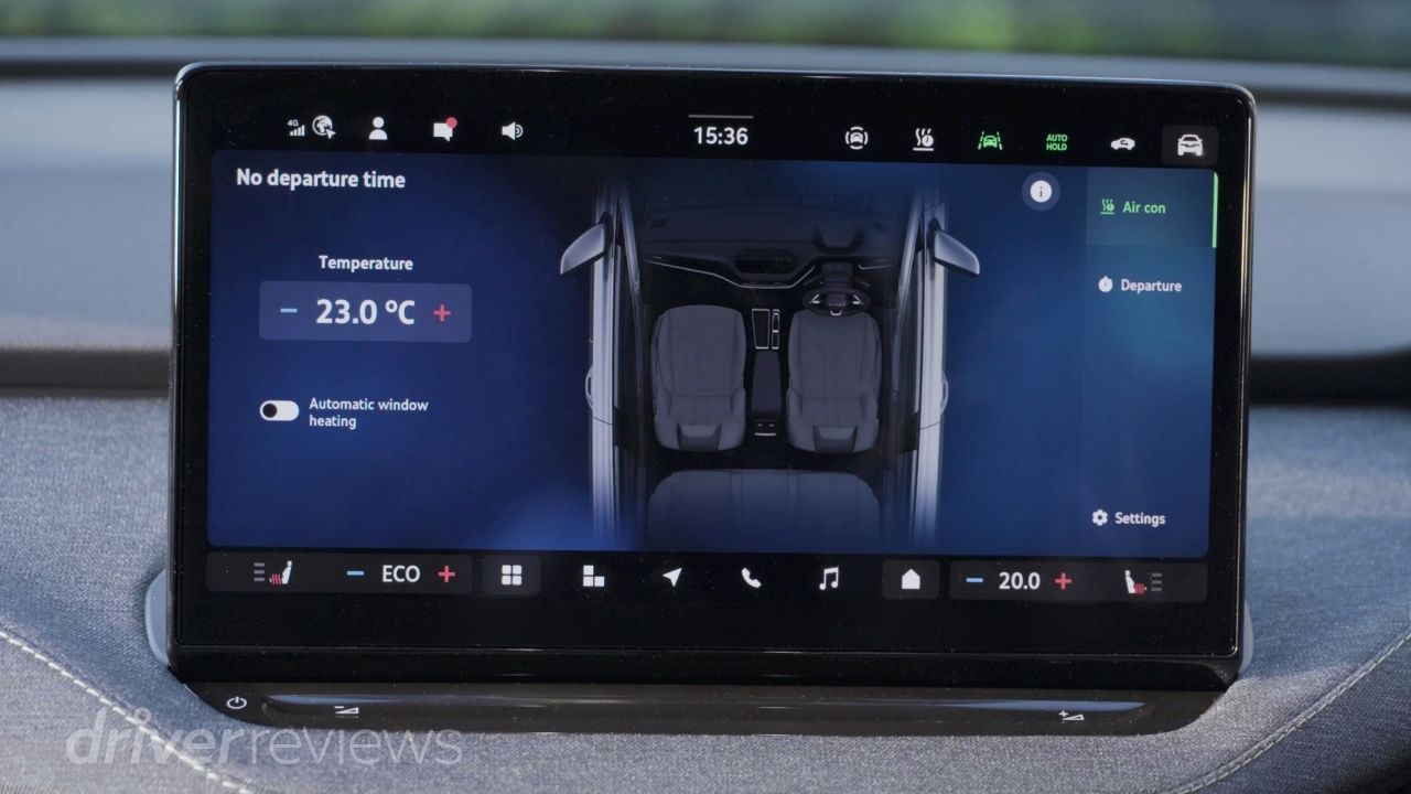 Skoda Elroq 13-inch touchscreen showing climate and departure time programming
