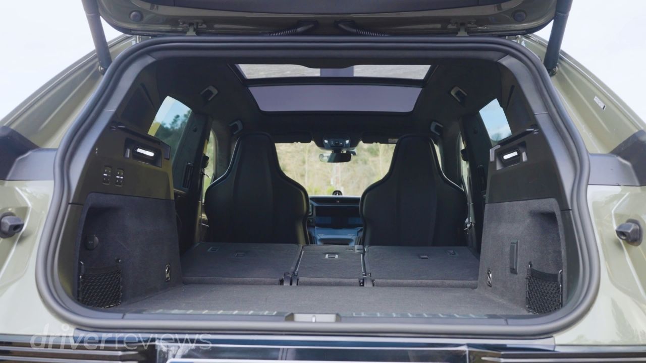 Porsche Cayenne Turbo Electric boot open showing 747-litre load area with rear seats folded