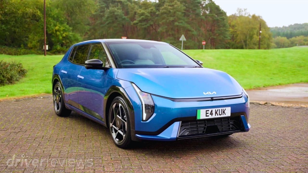 2026 Kia EV4 GT-Line S electric hatchback in Blue Flame, front three-quarter view