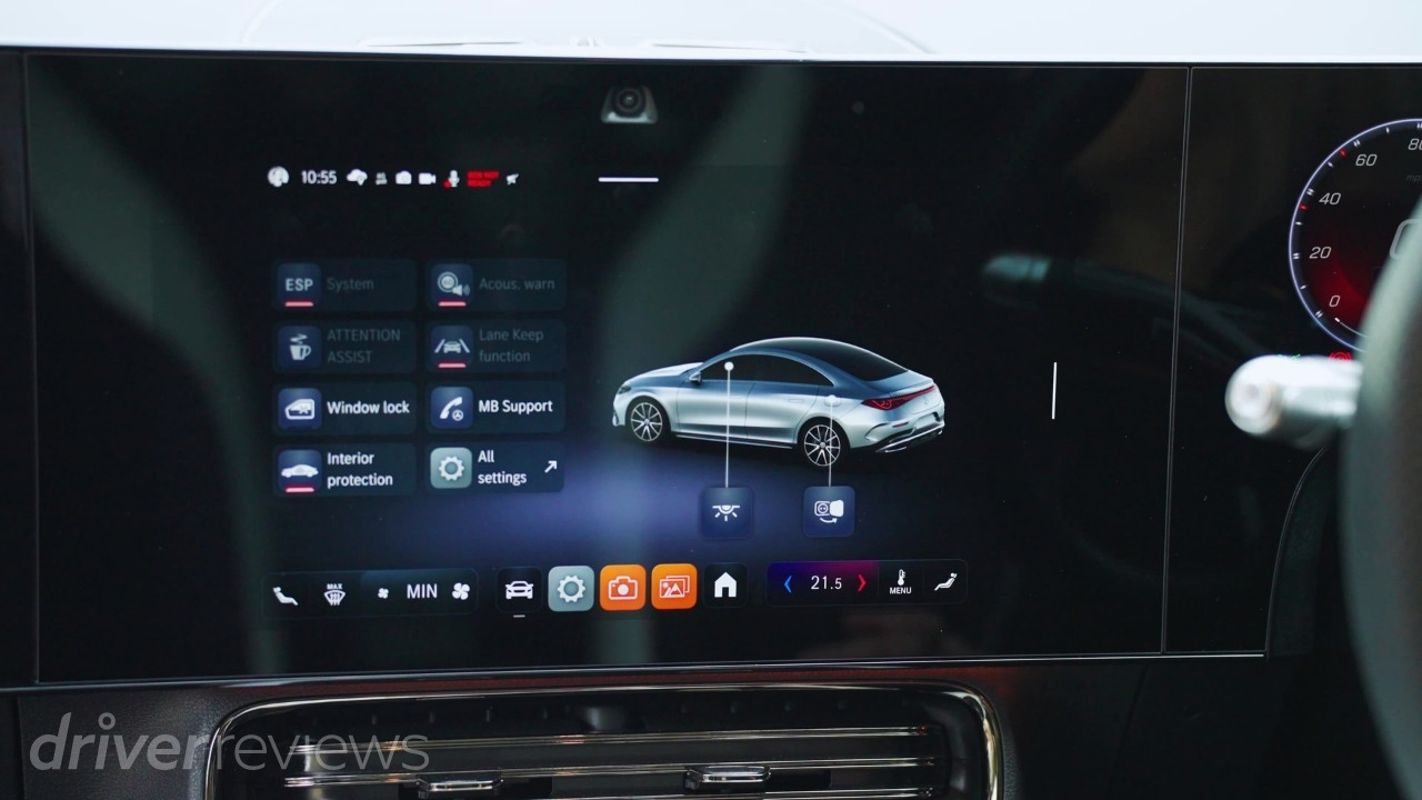 Mercedes-Benz CLA 250+ MBUX touchscreen showing vehicle settings and climate controls
