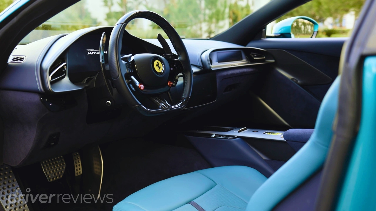 Ferrari Amalfi interior with steering wheel, digital displays and centre console