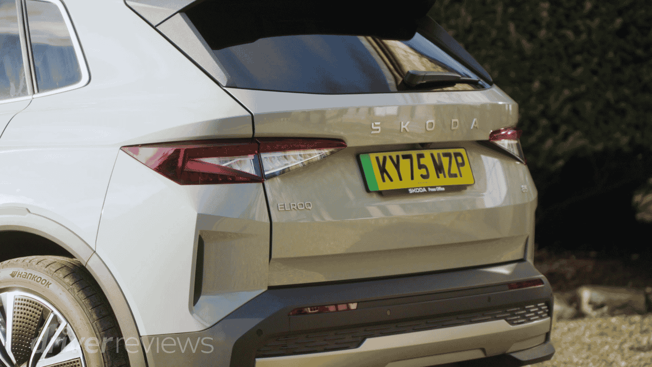 Skoda Elroq rear detail showing Elroq badge and Hankook tyre in DriverReviews test