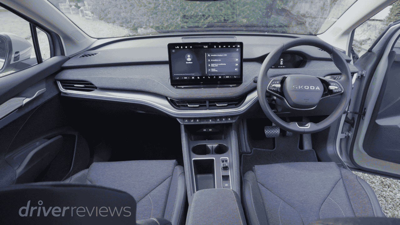 Skoda Elroq Edition interior overview with 13-inch screen and Skoda steering wheel in DriverReviews test