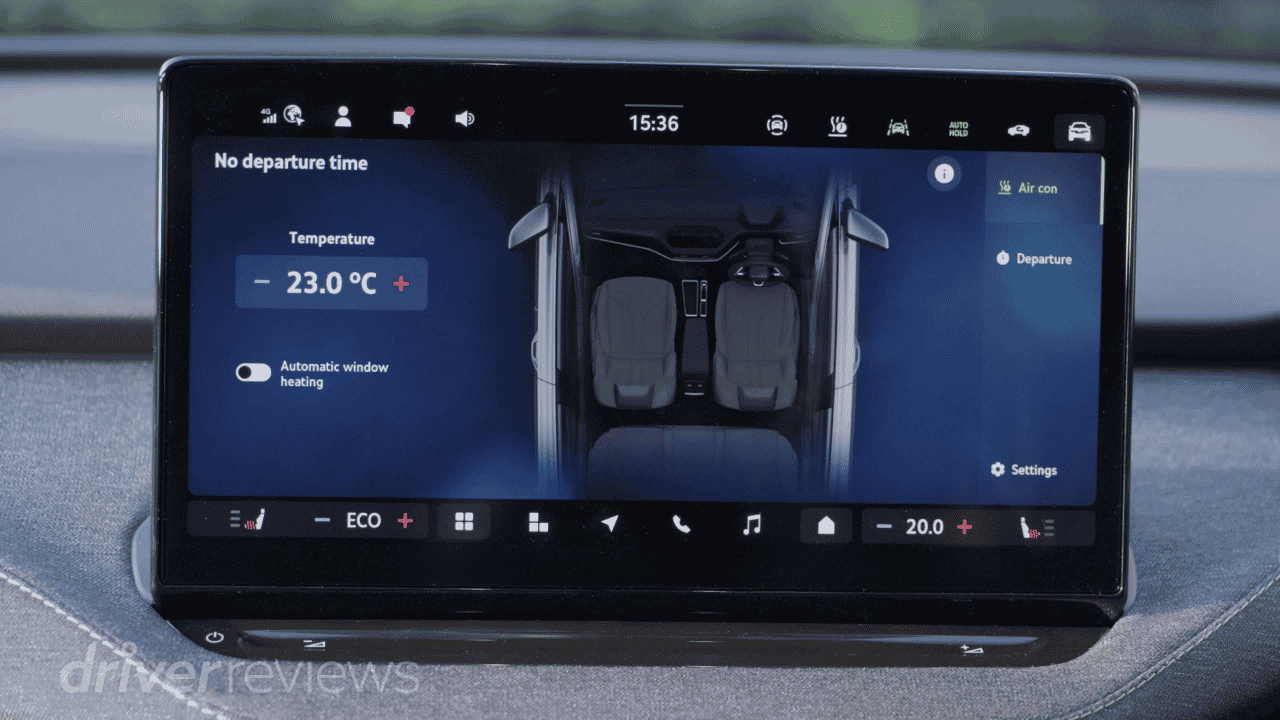 Skoda Elroq 13-inch touchscreen showing climate and departure time programming