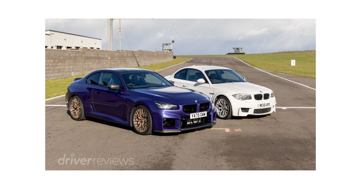 BMW M2 CS in San Marino Blue and BMW 1M in white side by side on circuit during DriverReviews back-to-back tes
